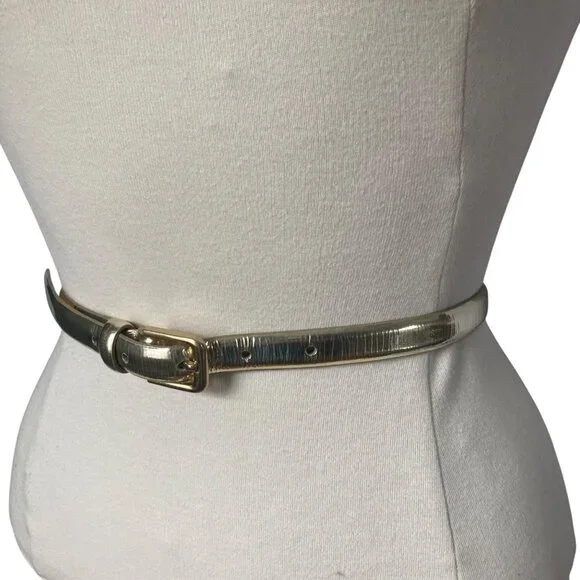 J Crew Metallic Gold Skinny Leather Belt Womens Small Classic Preppy Evening - Picture 4 of 8